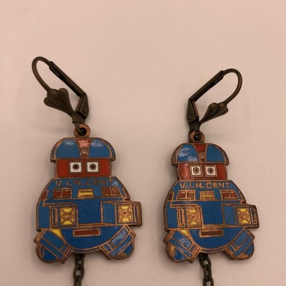 Disney 70’s Vintage V.I.N.CENT Robot Drop Chain Pendant Pierced Earrings RARE - Picture 4 of 8